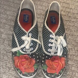 Keds Women's Black and White Polka Dot Sneakers with Rose Design